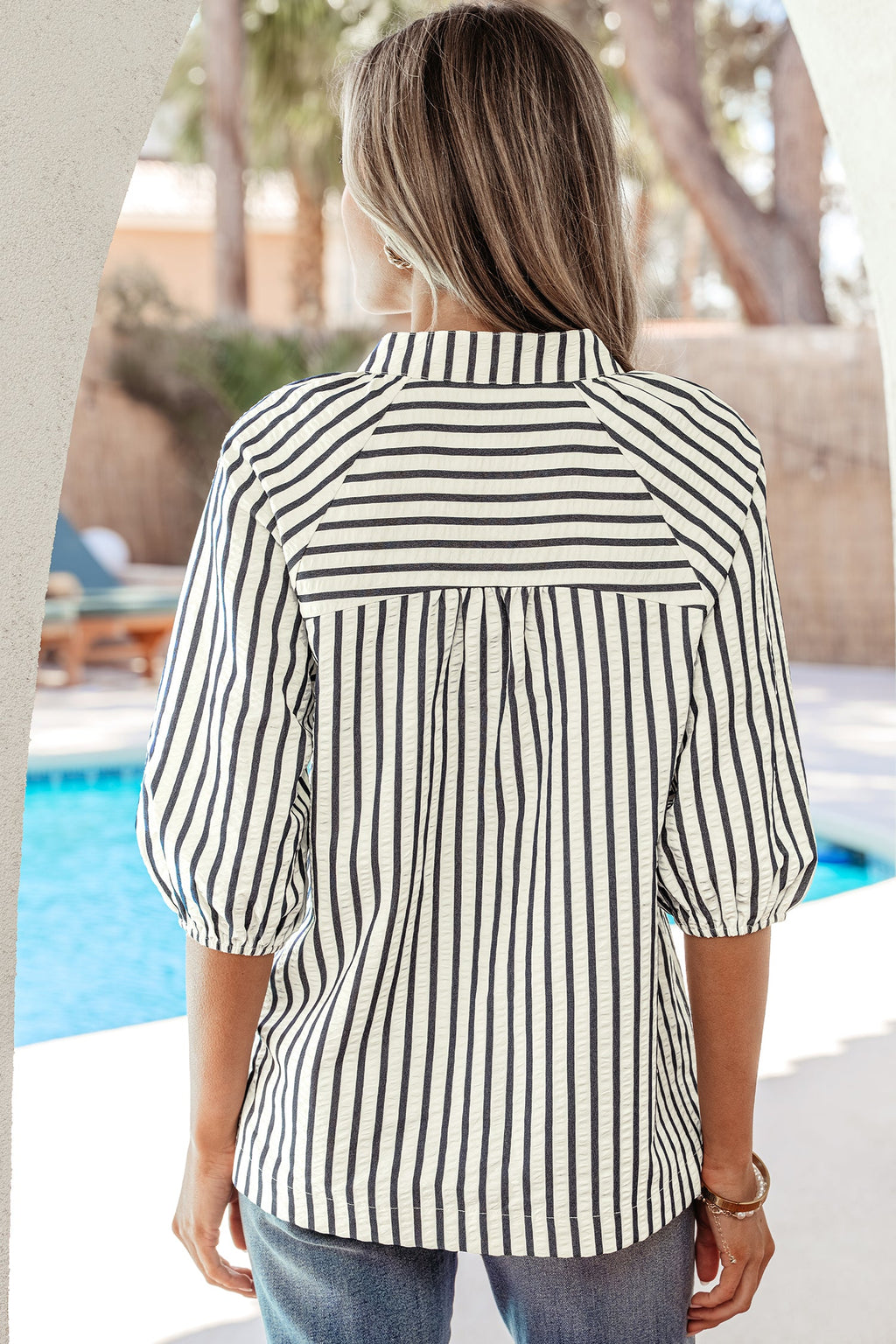 Stripe Floral Embroidered V-Neck 3/4 Sleeve Blouse