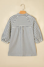 Stripe Floral Embroidered V-Neck 3/4 Sleeve Blouse
