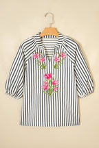 Stripe Floral Embroidered V-Neck 3/4 Sleeve Blouse