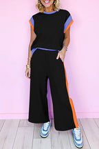 Colorblock Short Sleeve Top & Wide Leg Pants Set
