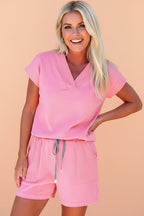 Solid V-Neck Short Sleeve Top & Drawstring Shorts Set