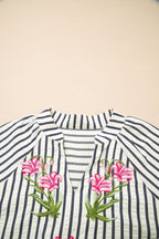 Stripe Floral Embroidered V-Neck 3/4 Sleeve Blouse