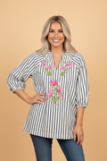 Stripe Floral Embroidered V-Neck 3/4 Sleeve Blouse