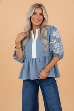 Floral Embroidered Colorblock Puff Sleeve Babydoll Blouse