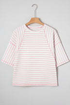 Plus Size Stripe Textured Patchwork 3/4 Sleeve Top