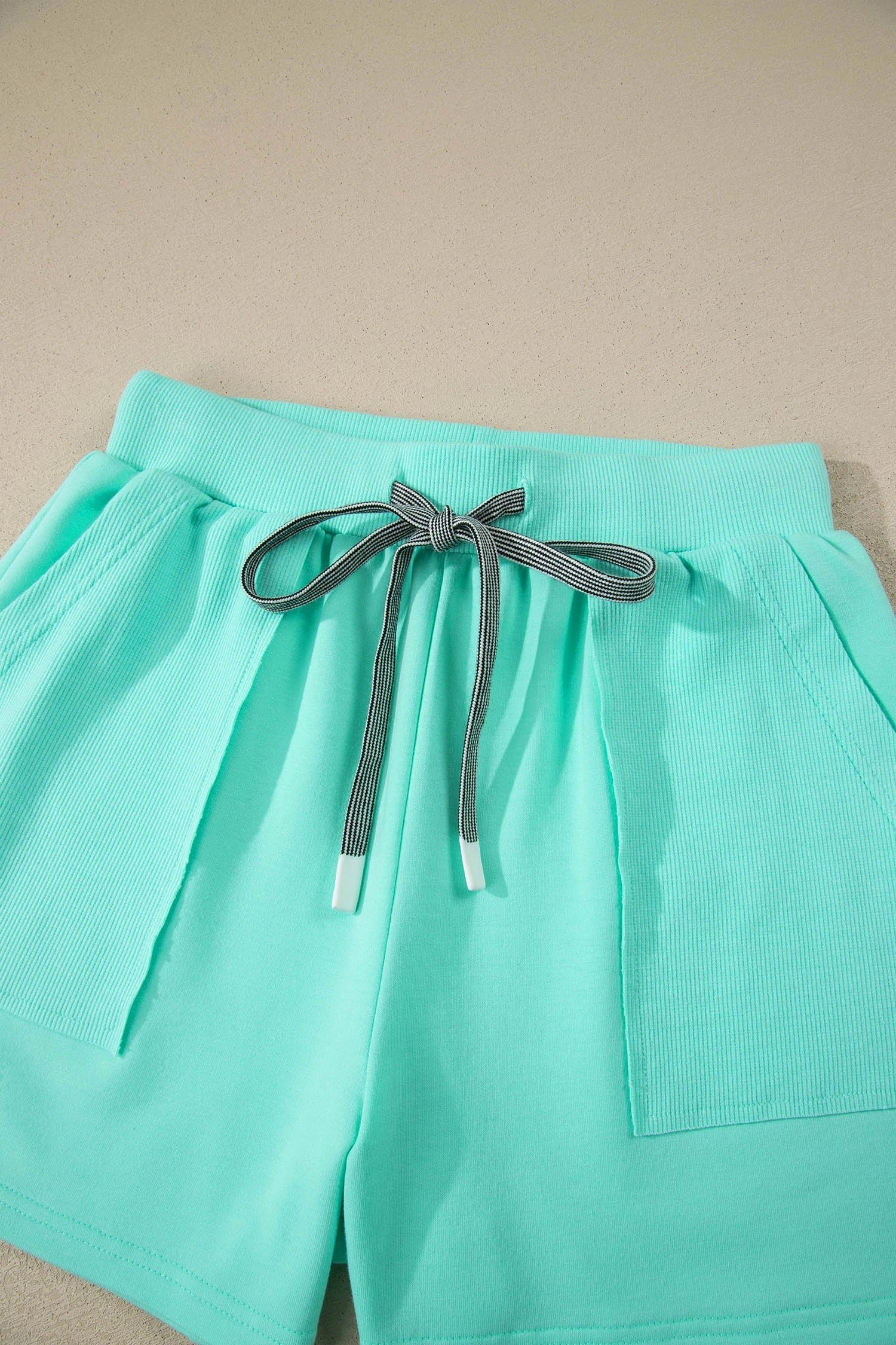 Solid V-Neck Short Sleeve Top & Drawstring Shorts Set