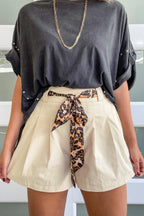 Leopard Contrast Belt Pleated Wide Leg Shorts