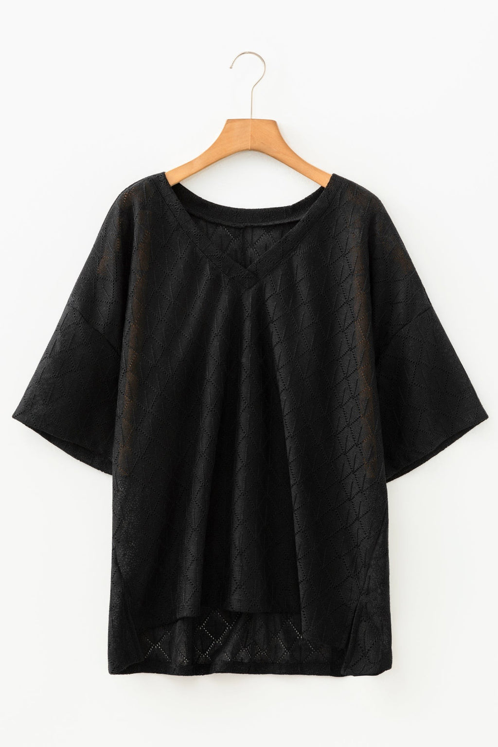 Plus Size Solid Pointelle Knit Rhombus V-Neck Top