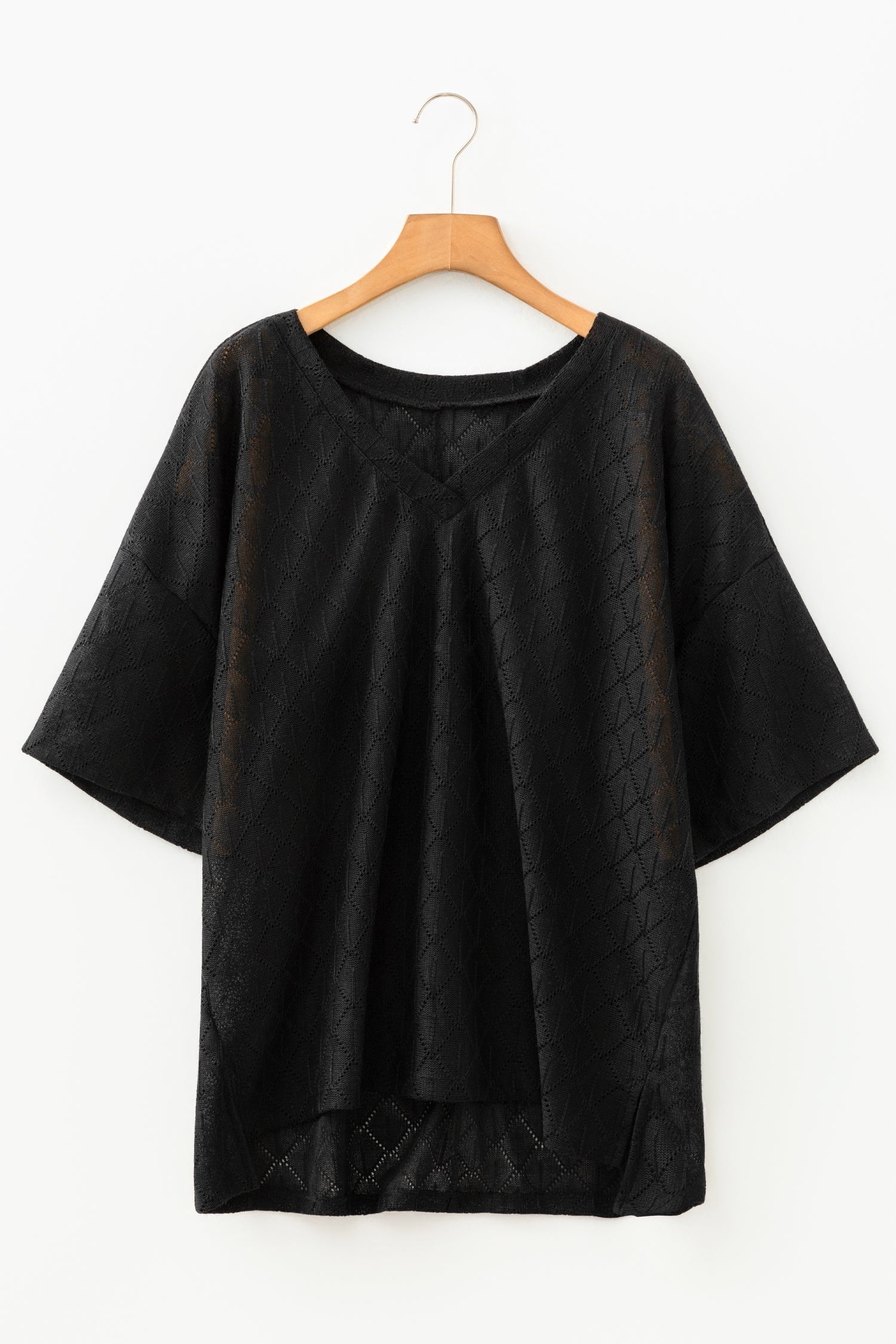 Plus Size Solid Pointelle Knit Rhombus V-Neck Top