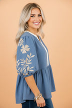 Floral Embroidered Colorblock Puff Sleeve Babydoll Blouse