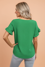 Solid Ruffle Trim Short Sleeve Blouse
