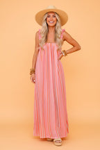 Stripe Textured Knit Ruffle Tie Back Maxi Dress
