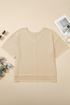 Plus Size Solid Pointelle Knit Rhombus V-Neck Top