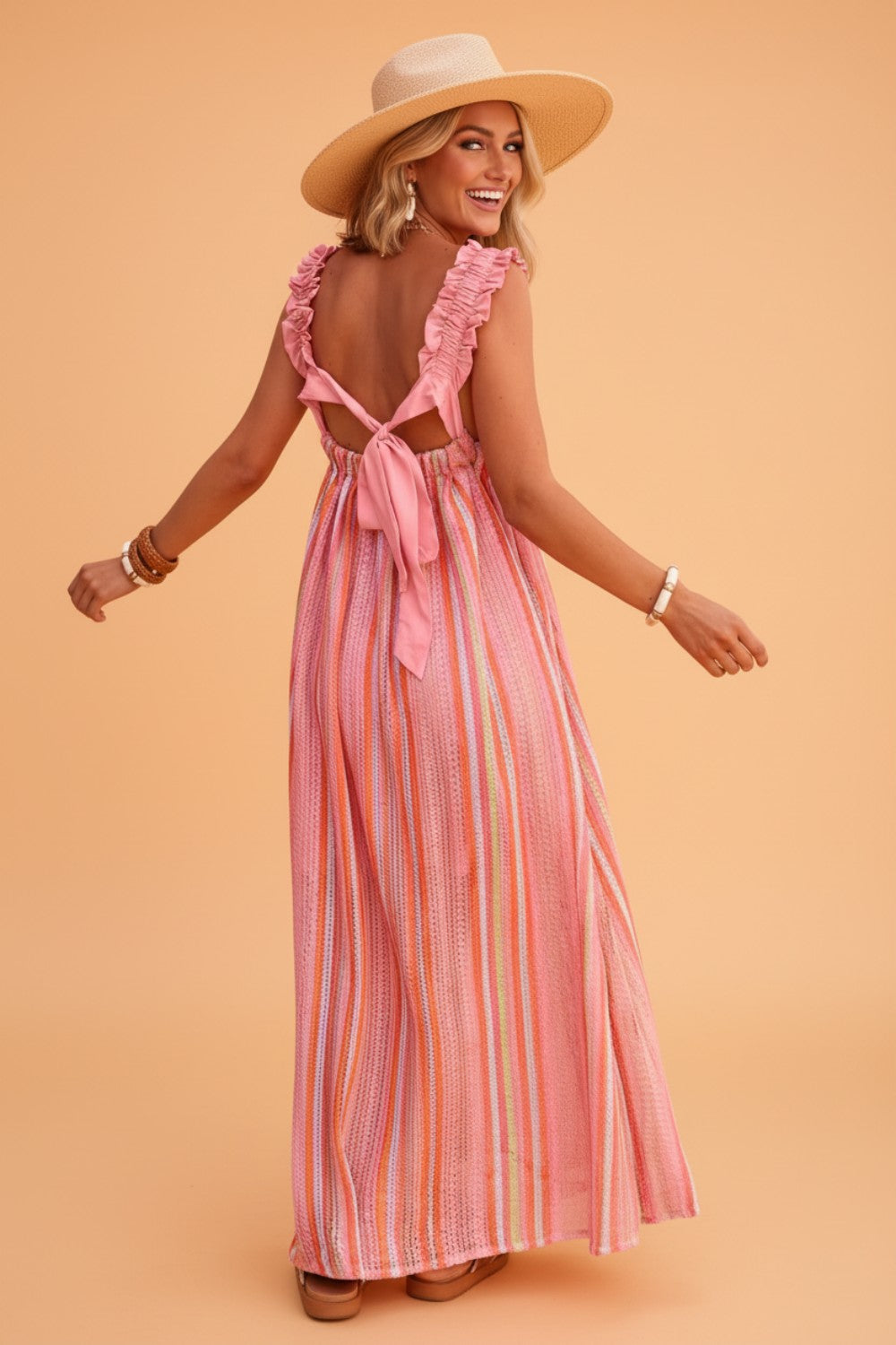 Stripe Textured Knit Ruffle Tie Back Maxi Dress