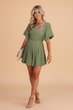 Solid Square Neck Ruched Puff Sleeve Romper