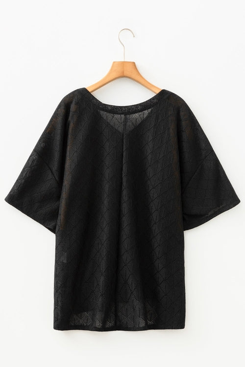 Plus Size Solid Pointelle Knit Rhombus V-Neck Top