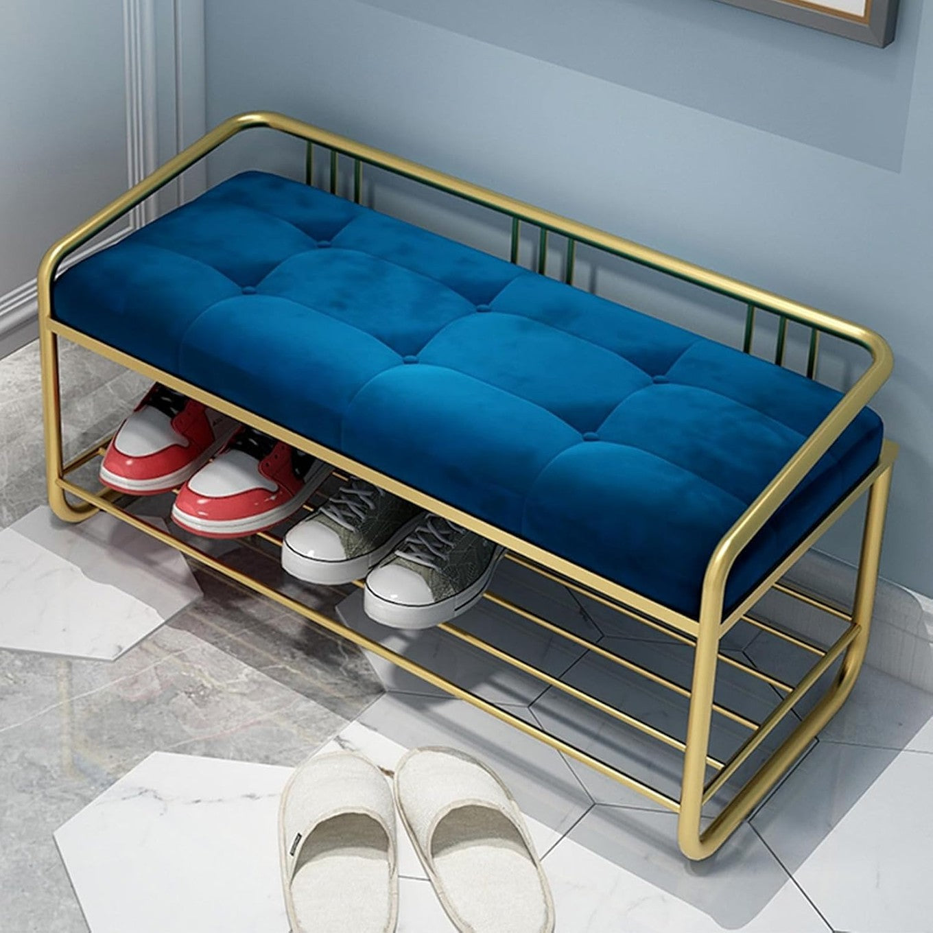 Blue Metal Shoe Rack Bench Cushion Seat